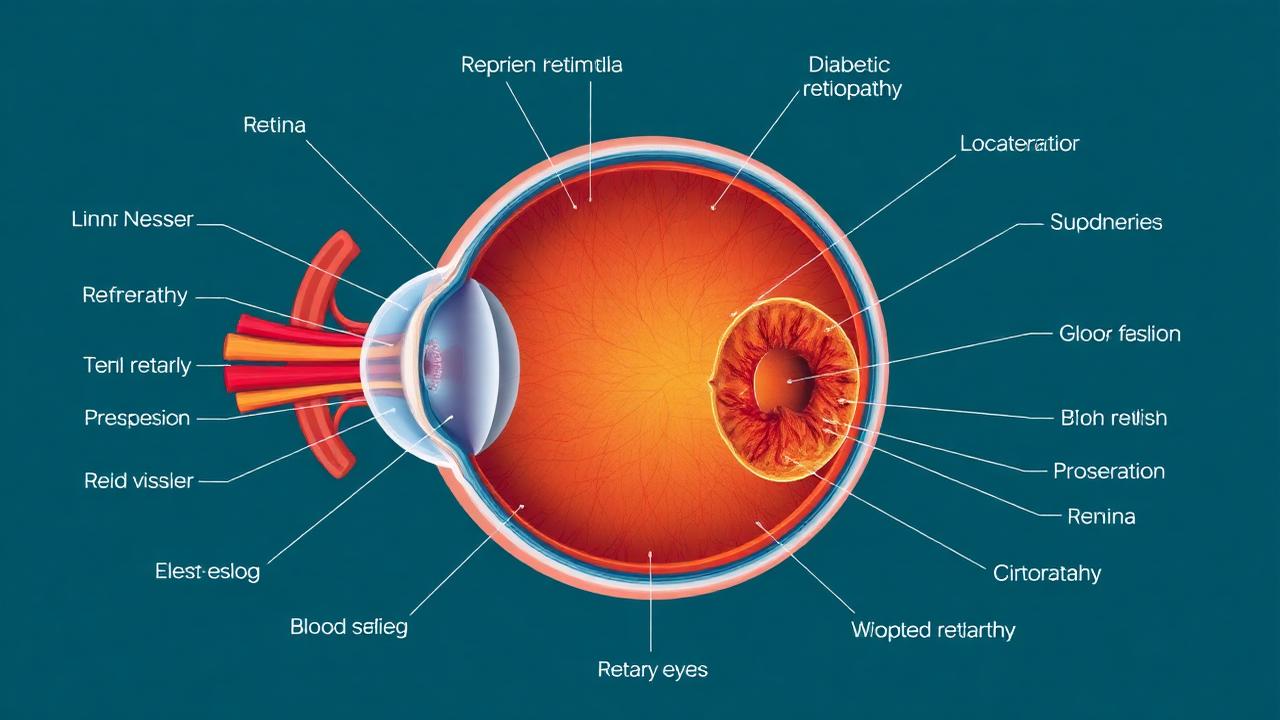 Illustrazione anatomica della retina con i danni vascolari tipici della retinopatia diabetica